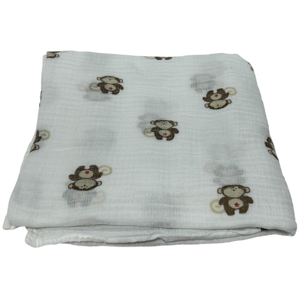 Aden + Anais Monkey Swaddle Blanket Brown White Red Star Tummy Muslin Cotton Tan